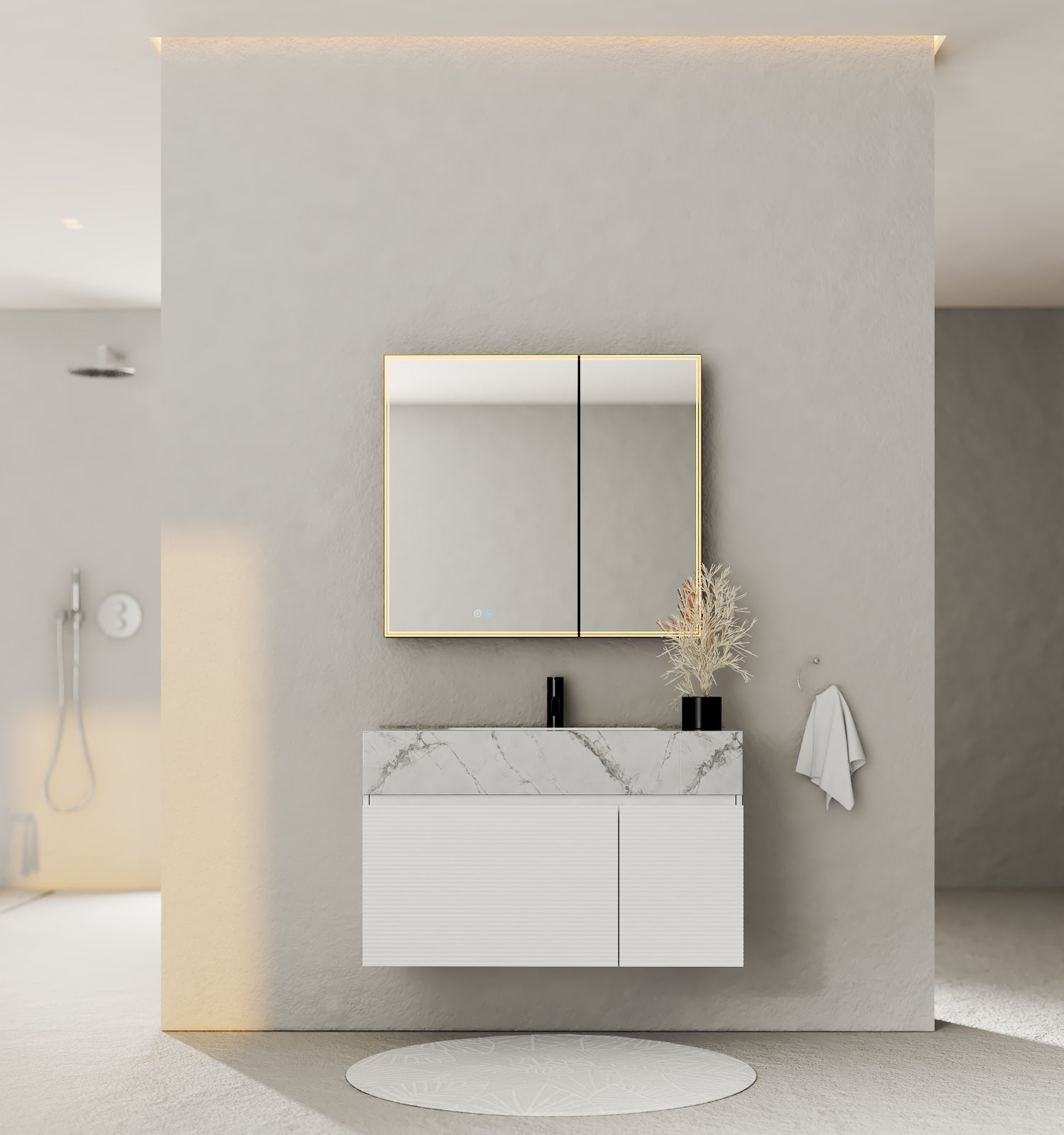 40" Seamless Stone Top with White Fluted Engineered Wood Floating Bathroom Vanity