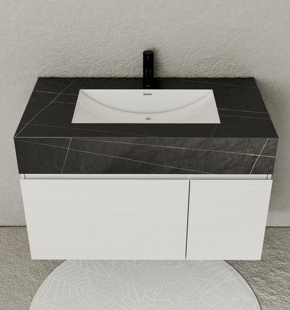 40" Seamless Stone Top with White Fluted Engineered Wood Floating Bathroom Vanity