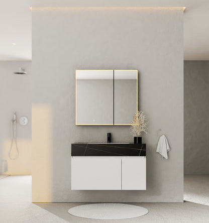 40" Seamless Stone Top with White Fluted Engineered Wood Floating Bathroom Vanity
