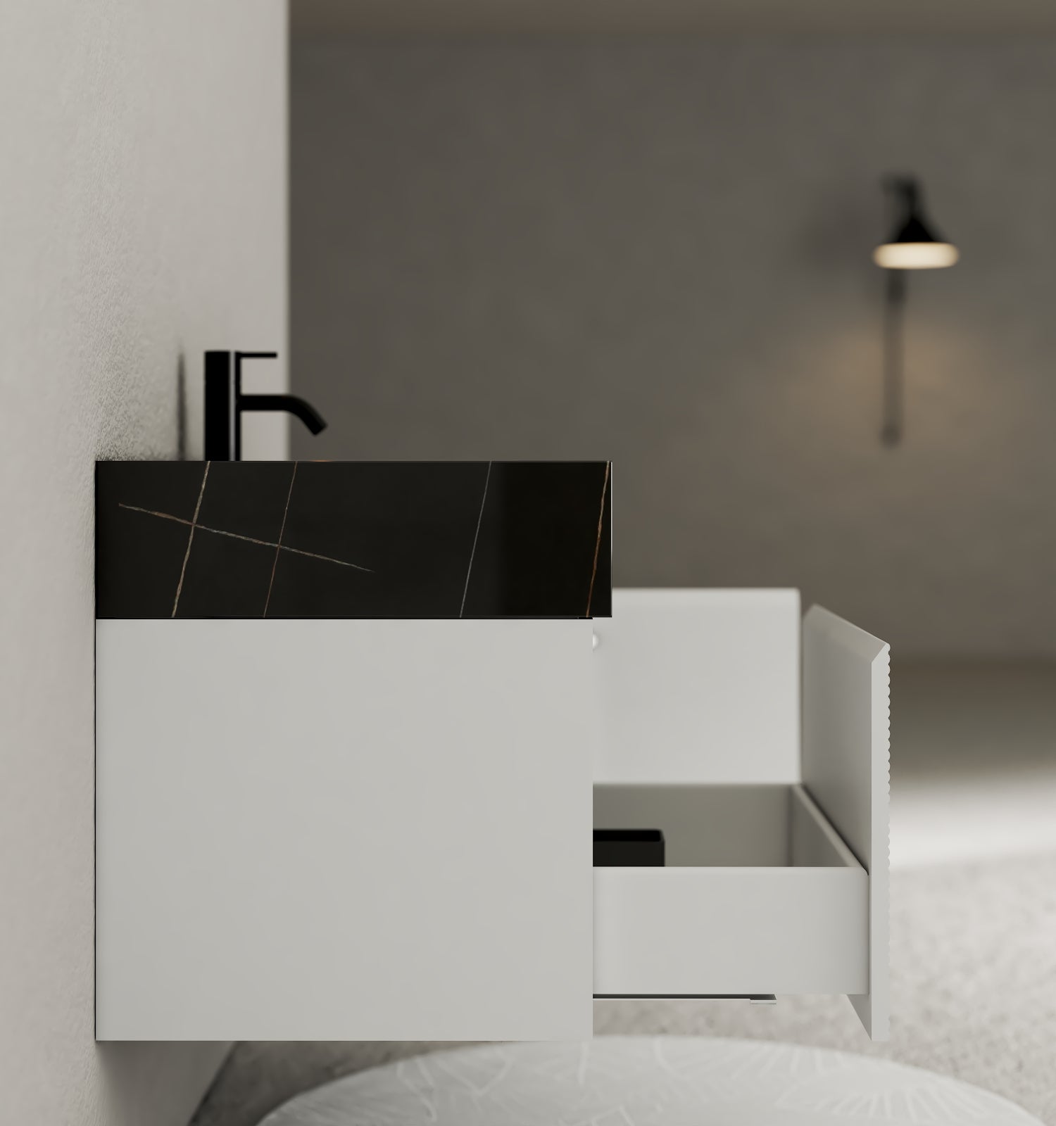 40" Seamless Stone Top with White Fluted Engineered Wood Floating Bathroom Vanity