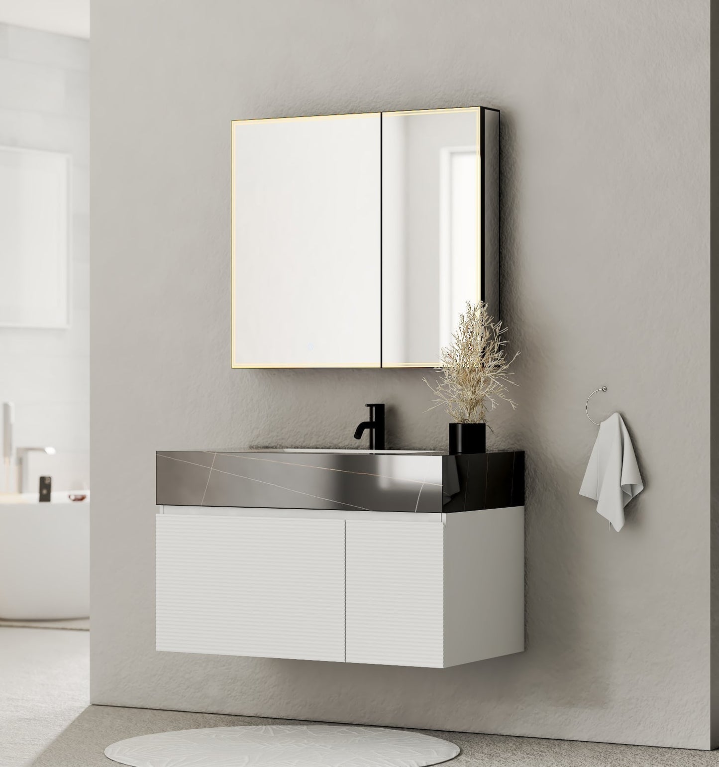 40" Seamless Stone Top with White Fluted Engineered Wood Floating Bathroom Vanity