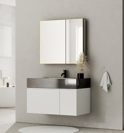 40" Seamless Stone Top with White Fluted Engineered Wood Floating Bathroom Vanity