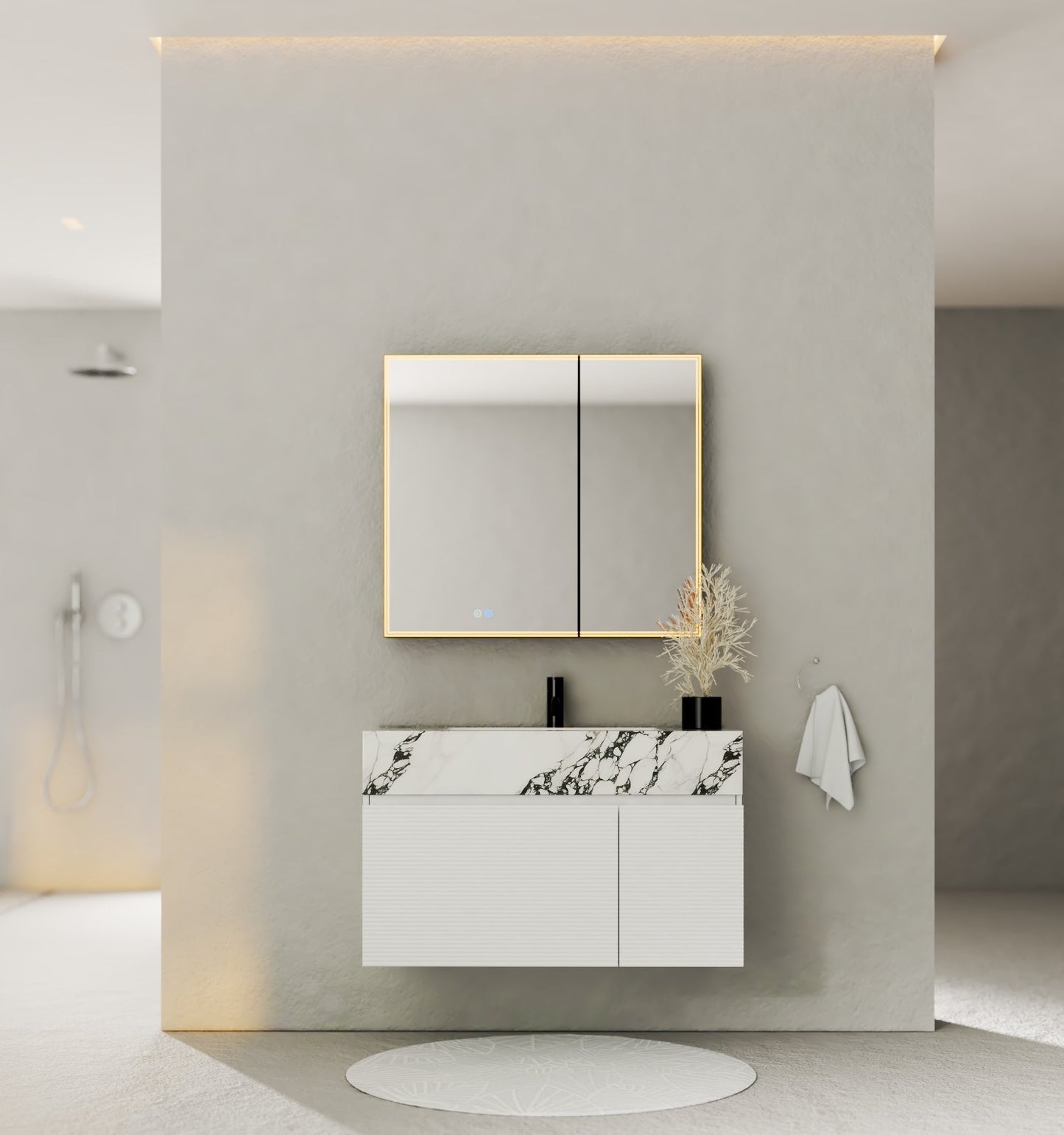40" Seamless Stone Top with White Fluted Engineered Wood Floating Bathroom Vanity