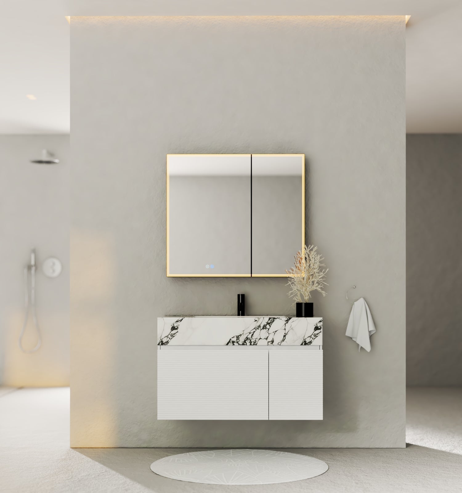40" Seamless Stone Top with White Fluted Engineered Wood Floating Bathroom Vanity