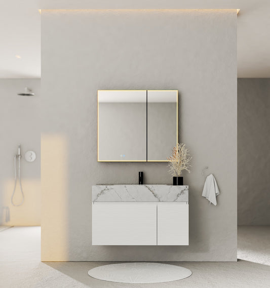 40" Seamless Stone Top with White Fluted Engineered Wood Floating Bathroom Vanity