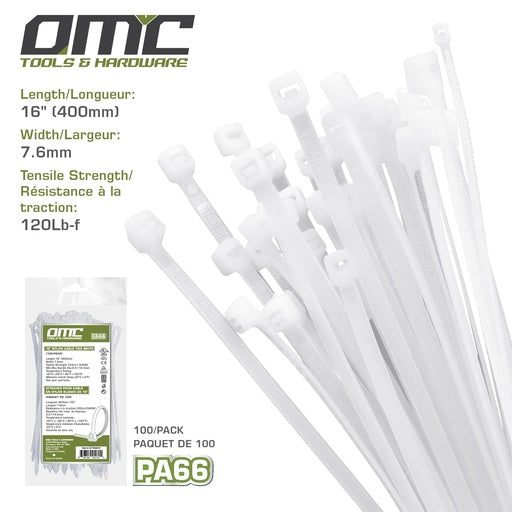 16" Nylon Cable Ties White (100-Pack) (OCTW40072)