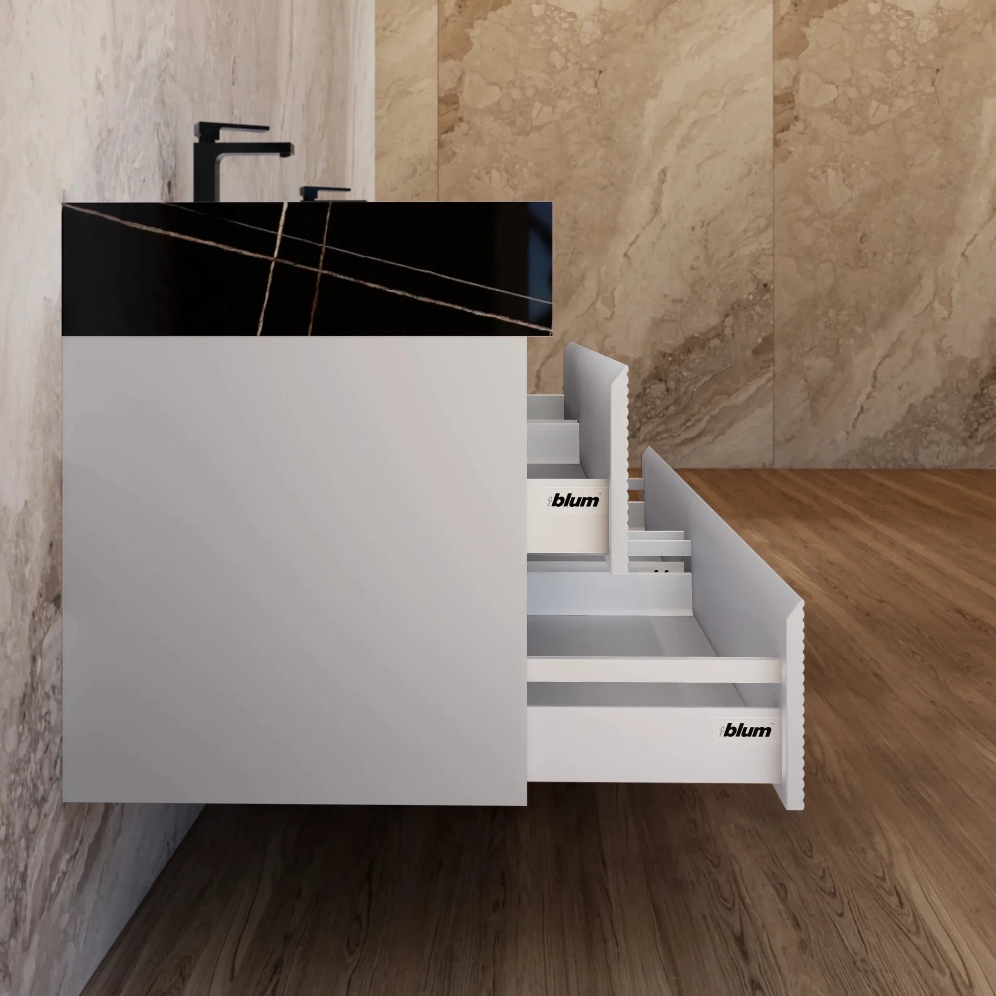 60" /71" Light Grey Floating Vanity with Seamless Stone Double Sink