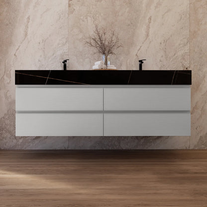 60" /71" Light Grey Floating Vanity with Seamless Stone Double Sink