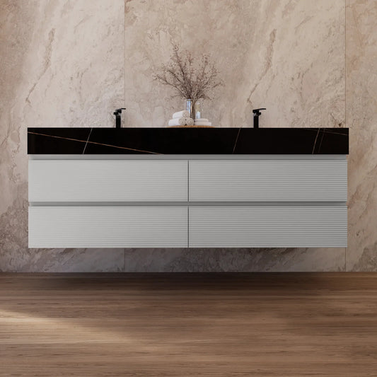 60" /71" Light Grey Floating Vanity with Seamless Stone Double Sink
