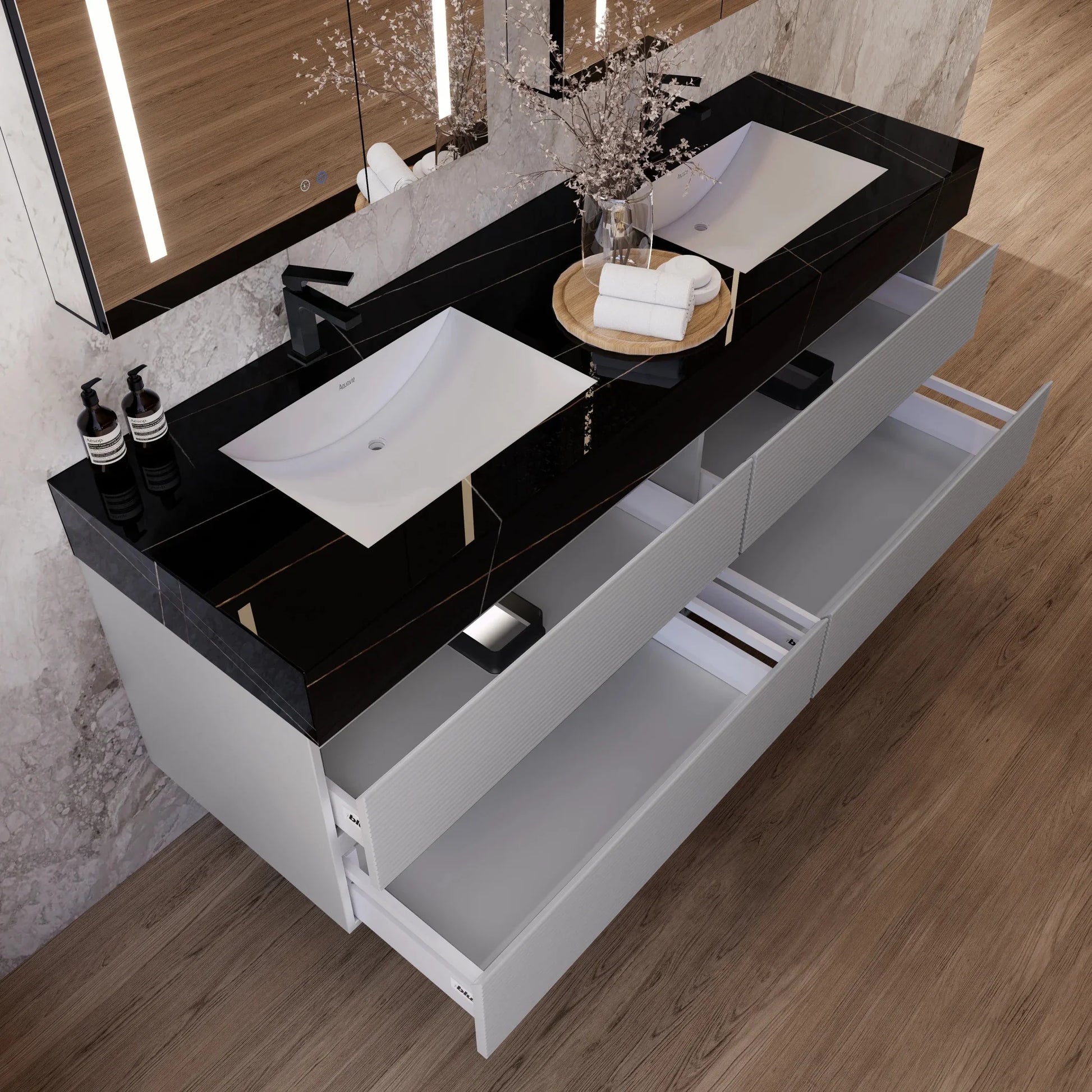 60" /71" Light Grey Floating Vanity with Seamless Stone Double Sink