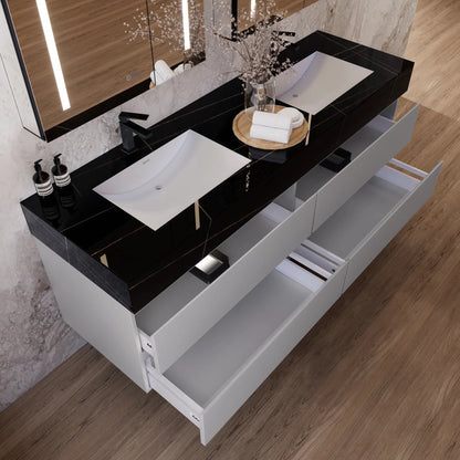 60" /71" Light Grey Floating Vanity with Seamless Stone Double Sink