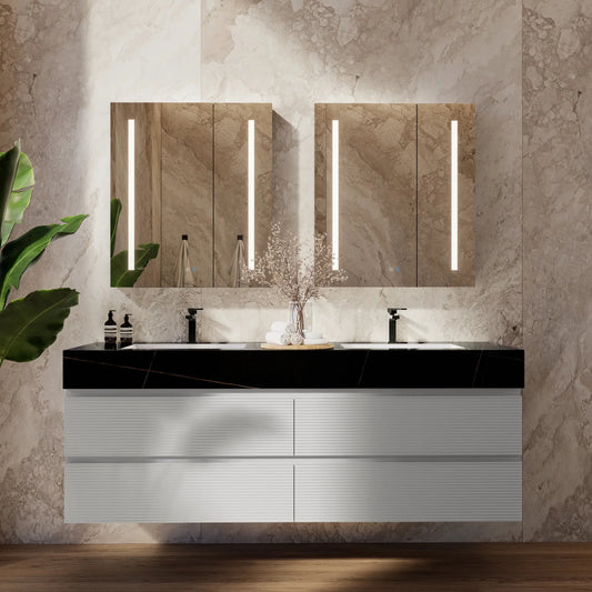 60" /71" Light Grey Floating Vanity with Seamless Stone Double Sink