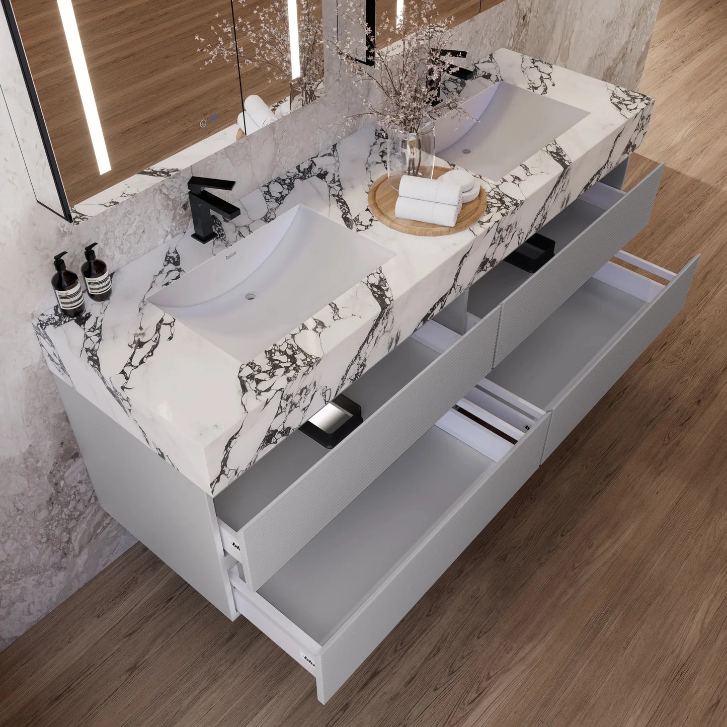 60" /71" Light Grey Floating Vanity with Seamless Stone Double Sink