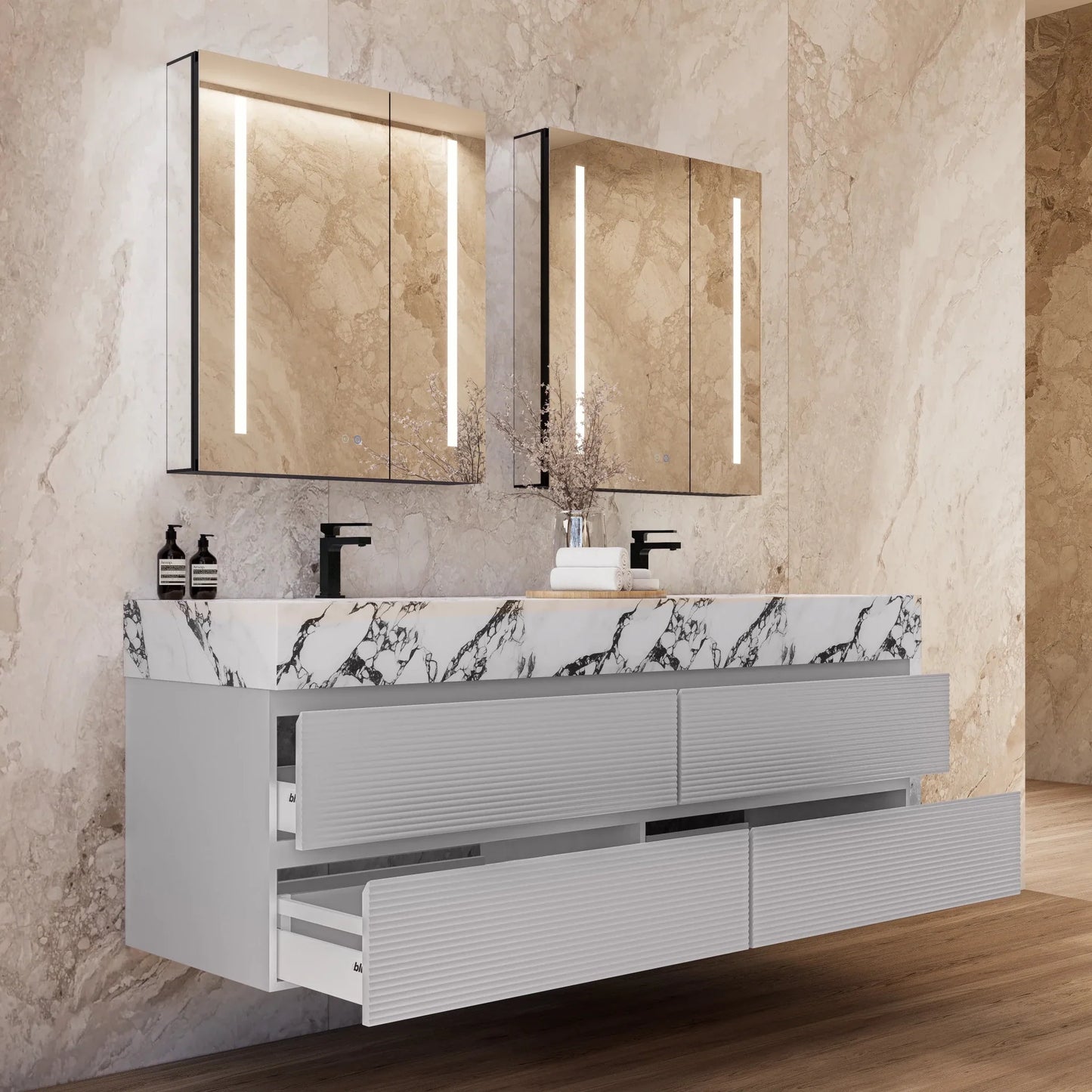 60" /71" Light Grey Floating Vanity with Seamless Stone Double Sink