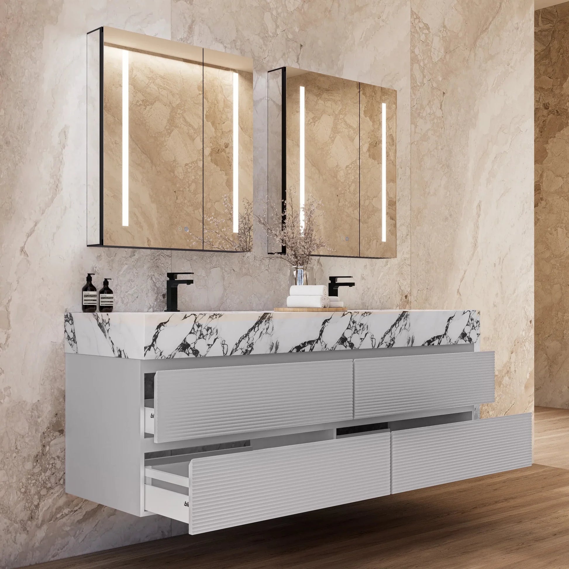60" /71" Light Grey Floating Vanity with Seamless Stone Double Sink