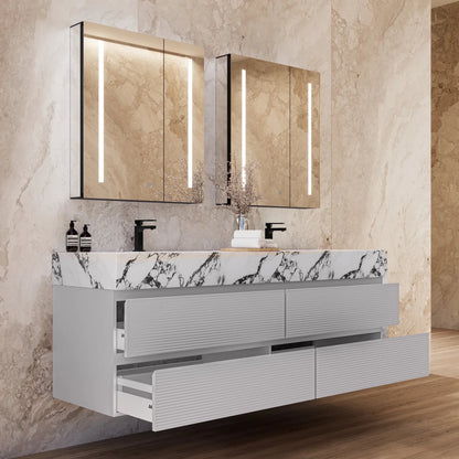60" /71" Light Grey Floating Vanity with Seamless Stone Double Sink