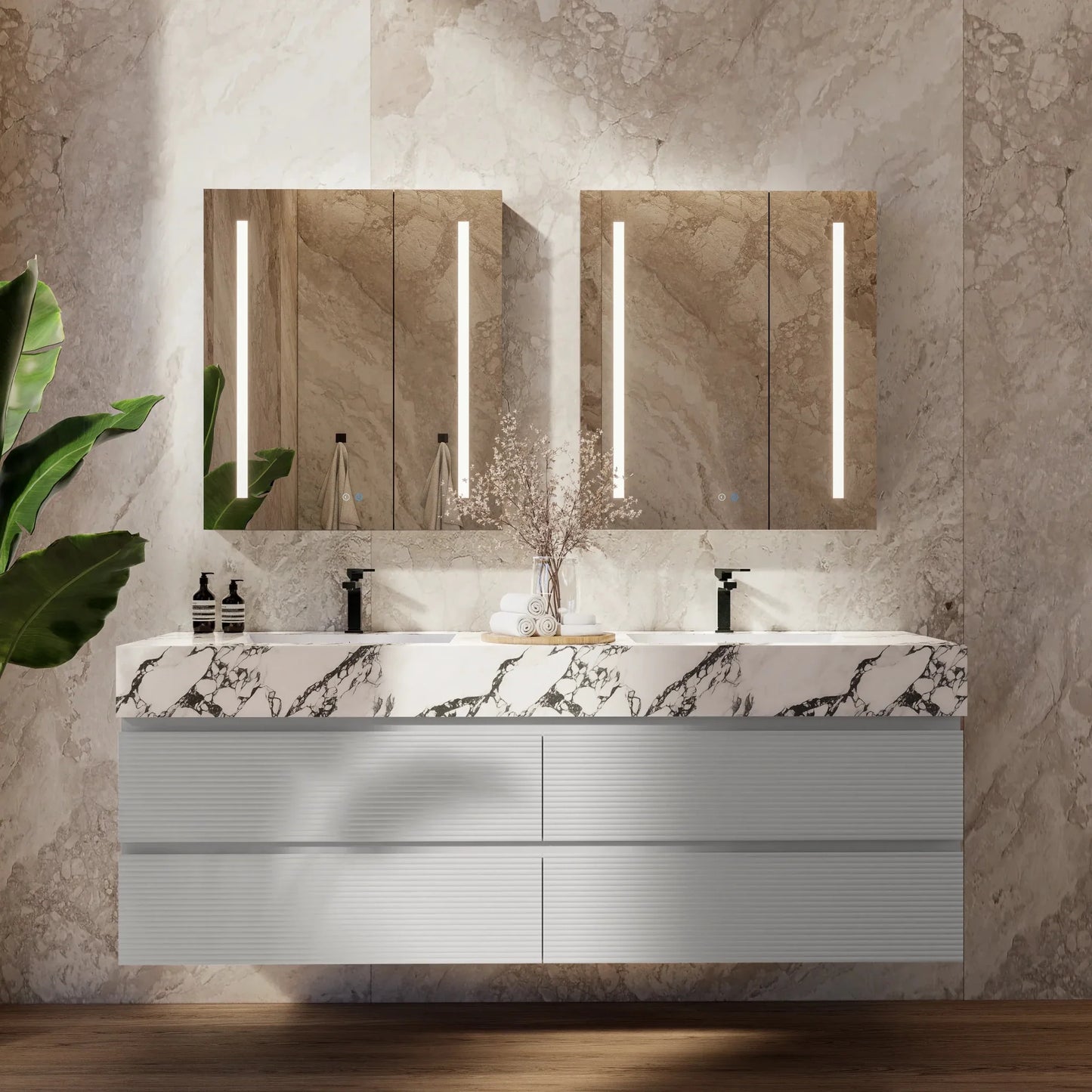 60" /71" Light Grey Floating Vanity with Seamless Stone Double Sink