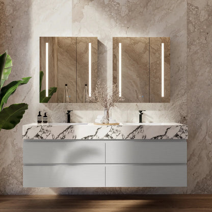 60" /71" Light Grey Floating Vanity with Seamless Stone Double Sink