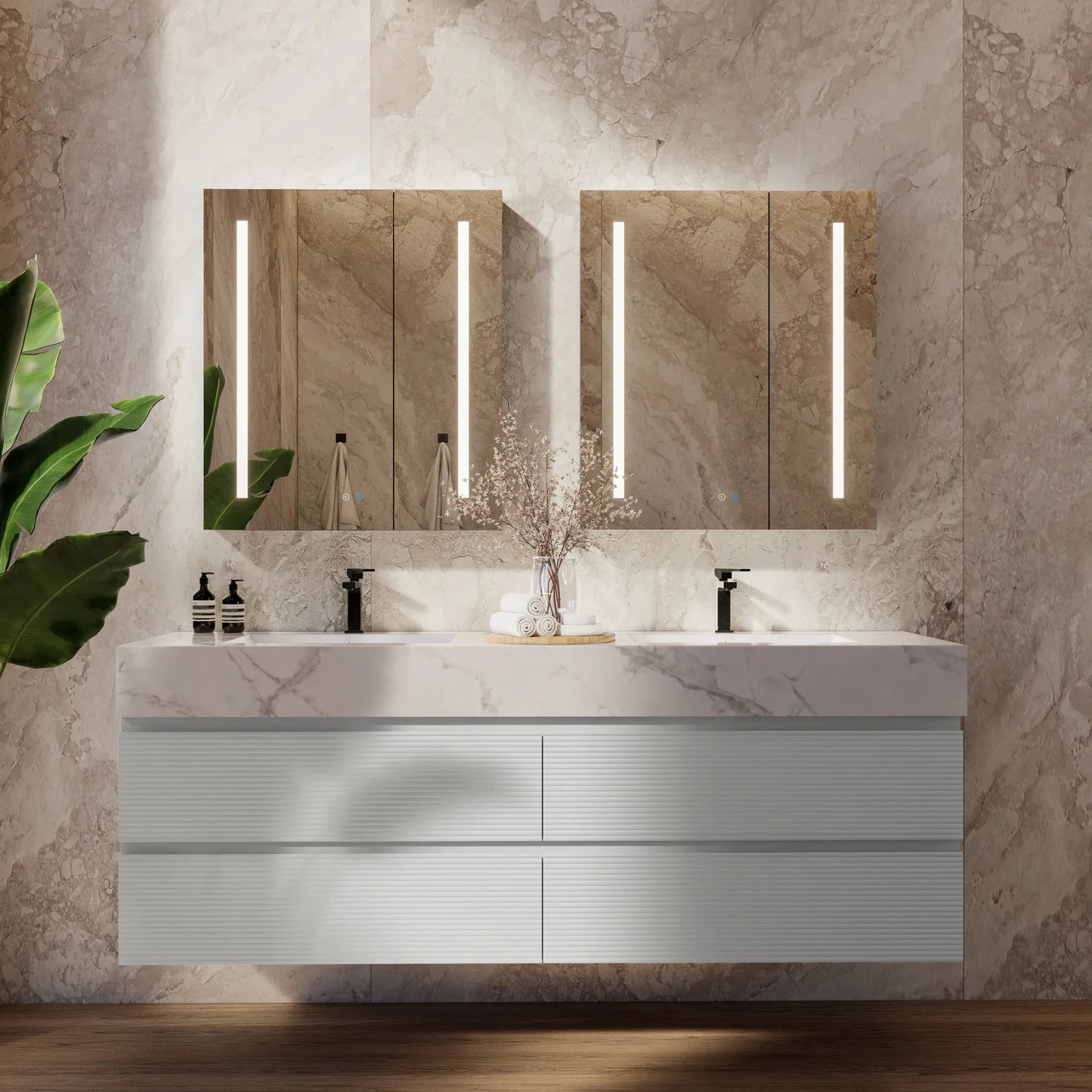 60" /71" Light Grey Floating Vanity with Seamless Stone Double Sink