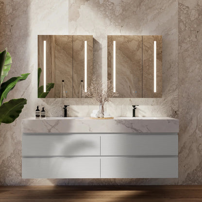 60" /71" Light Grey Floating Vanity with Seamless Stone Double Sink