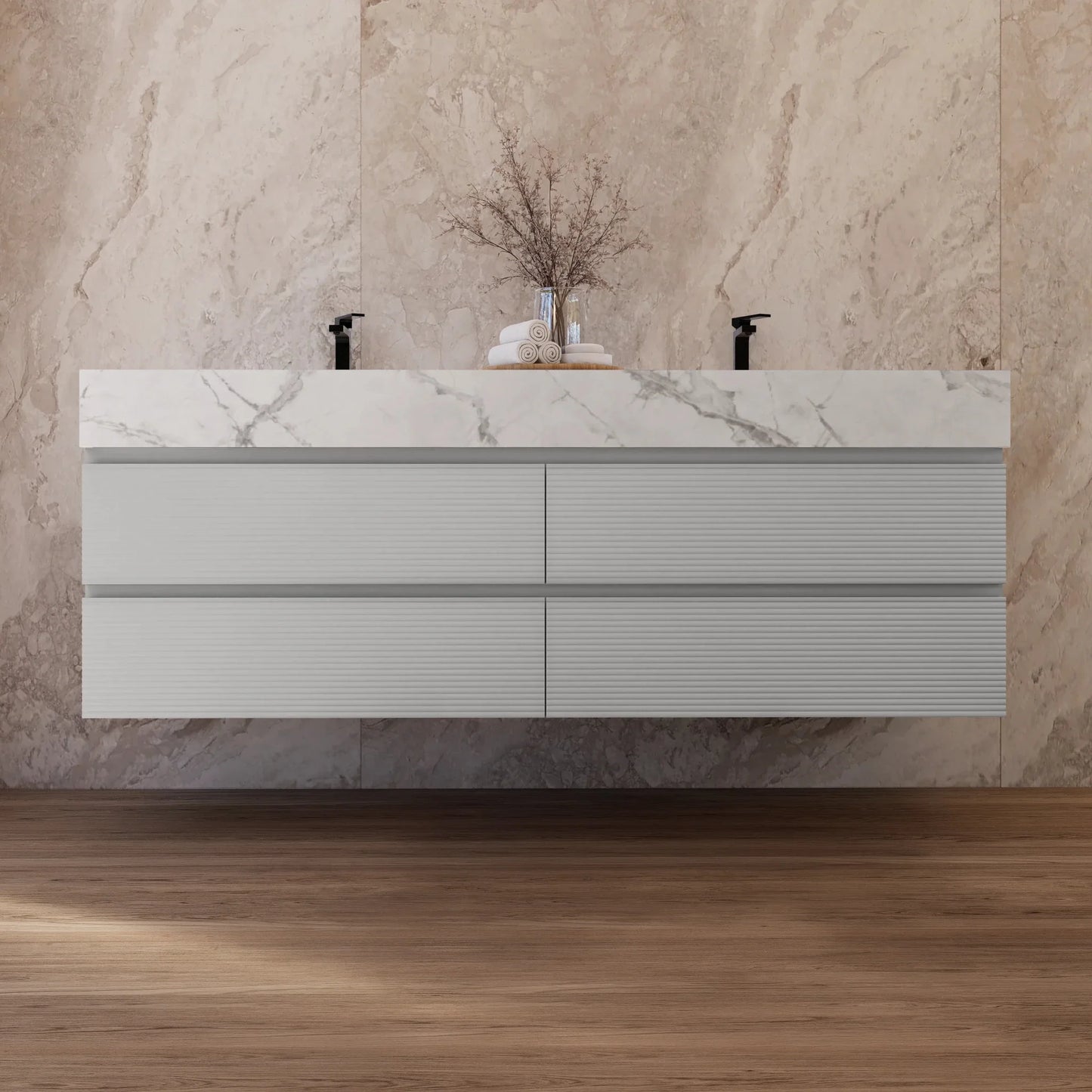 60" /71" Light Grey Floating Vanity with Seamless Stone Double Sink