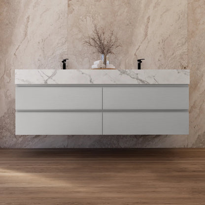 60" /71" Light Grey Floating Vanity with Seamless Stone Double Sink