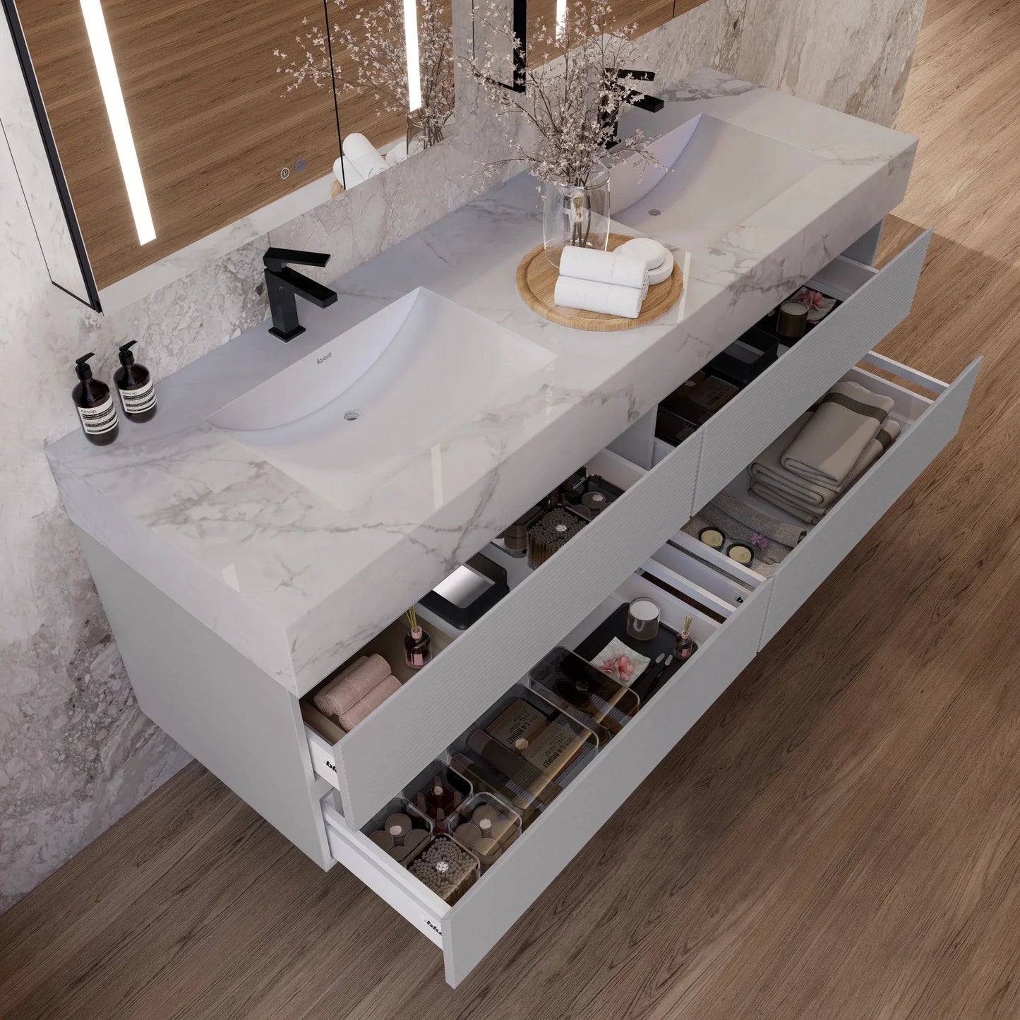 60" /71" Light Grey Floating Vanity with Seamless Stone Double Sink