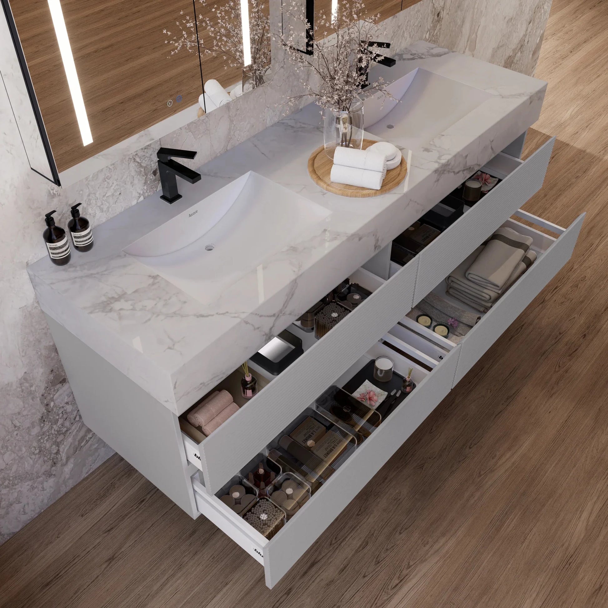 60" /71" Light Grey Floating Vanity with Seamless Stone Double Sink