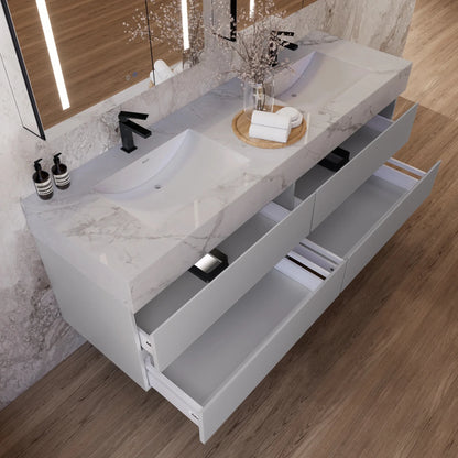 60" /71" Light Grey Floating Vanity with Seamless Stone Double Sink