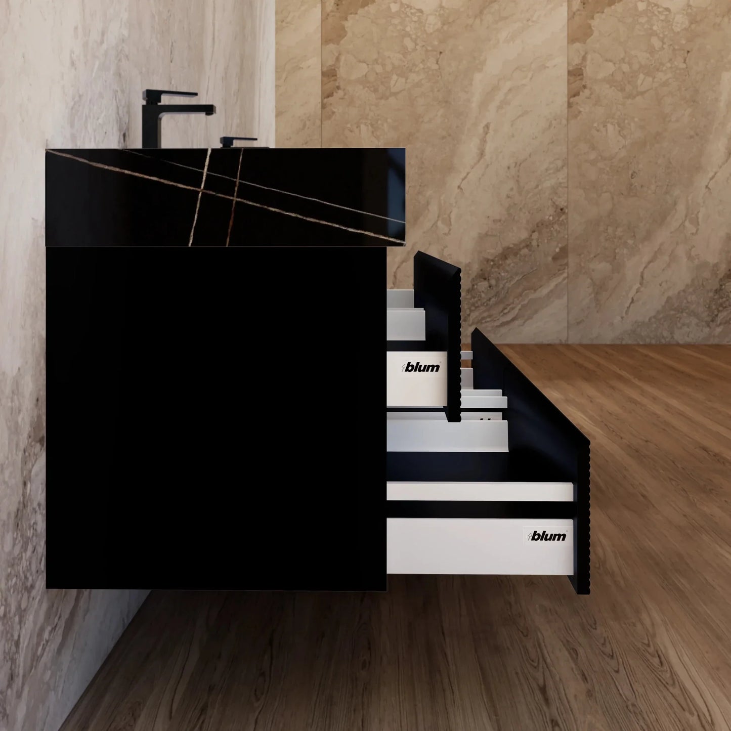 60" Black Fluted Floating Vanity with Seamless Stone Double Sink
