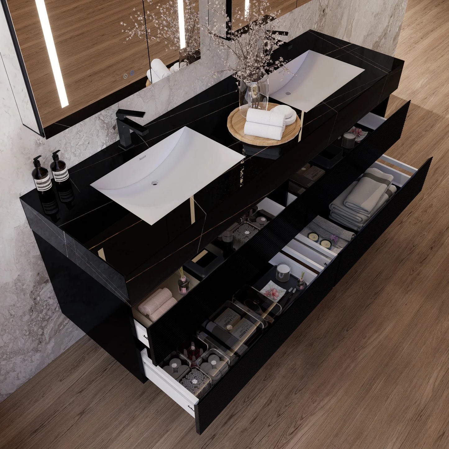 60" Black Fluted Floating Vanity with Seamless Stone Double Sink