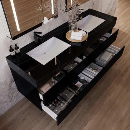60" Black Fluted Floating Vanity with Seamless Stone Double Sink
