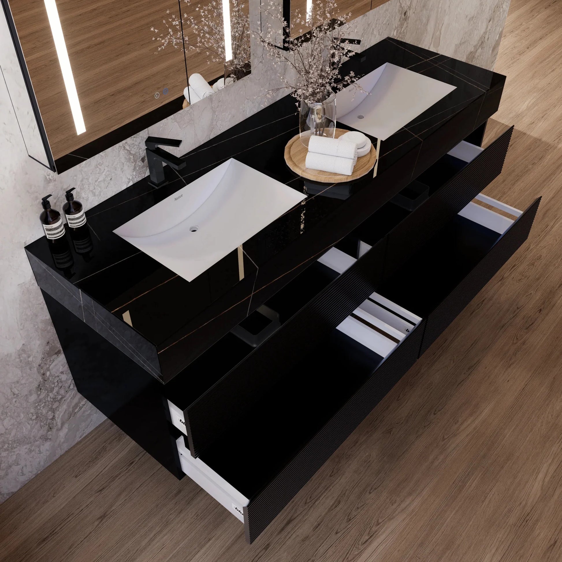 60" Black Fluted Floating Vanity with Seamless Stone Double Sink