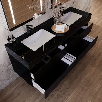 60" Black Fluted Floating Vanity with Seamless Stone Double Sink