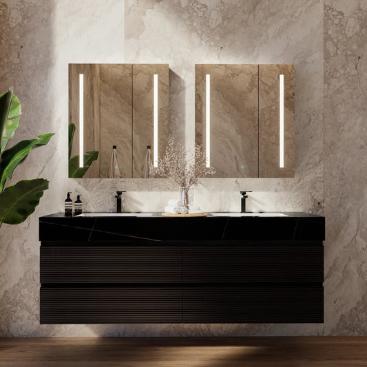 60" Black Fluted Floating Vanity with Seamless Stone Double Sink
