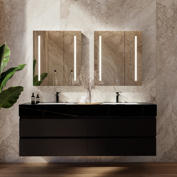 60" Black Fluted Floating Vanity with Seamless Stone Double Sink