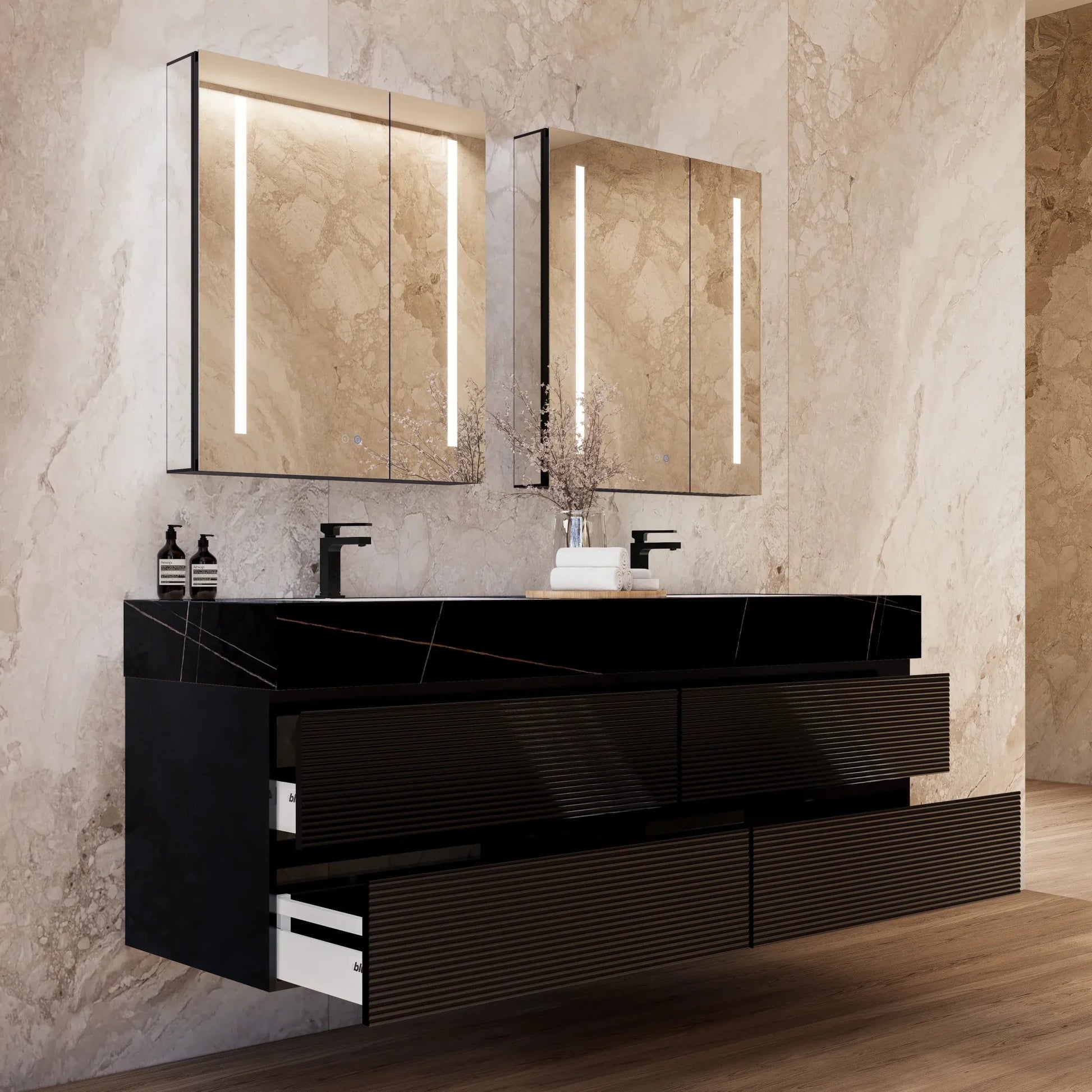 60" Black Fluted Floating Vanity with Seamless Stone Double Sink