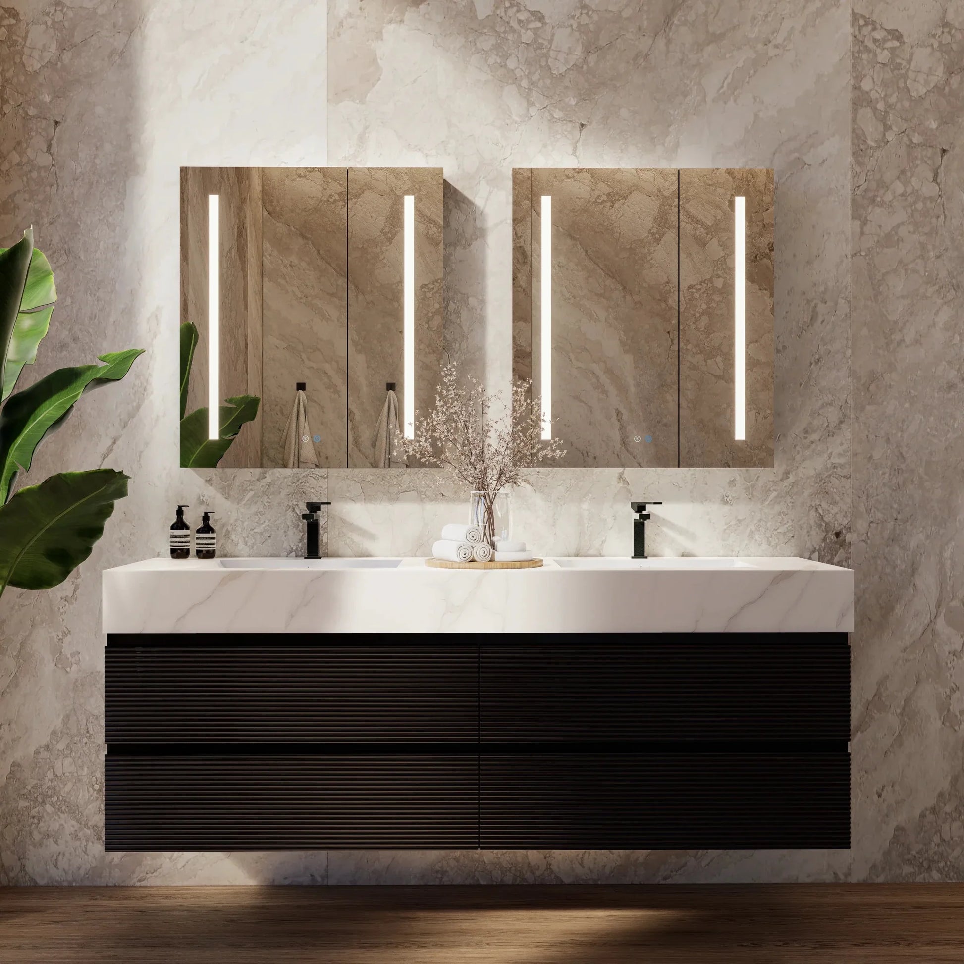60" Black Fluted Floating Vanity with Seamless Stone Double Sink