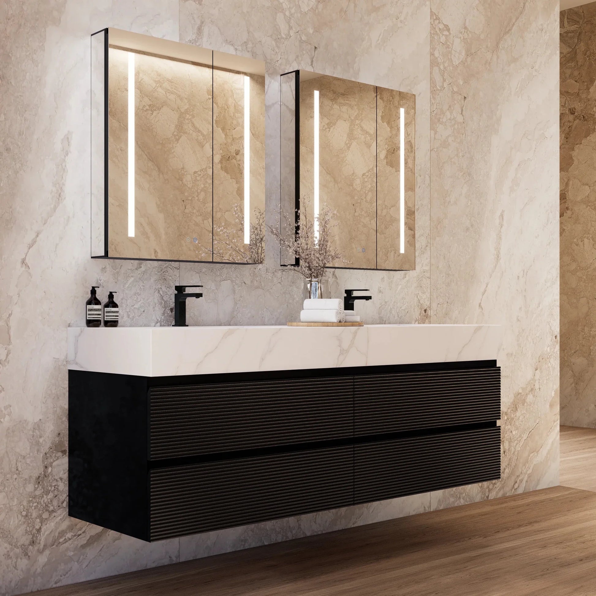 60" Black Fluted Floating Vanity with Seamless Stone Double Sink