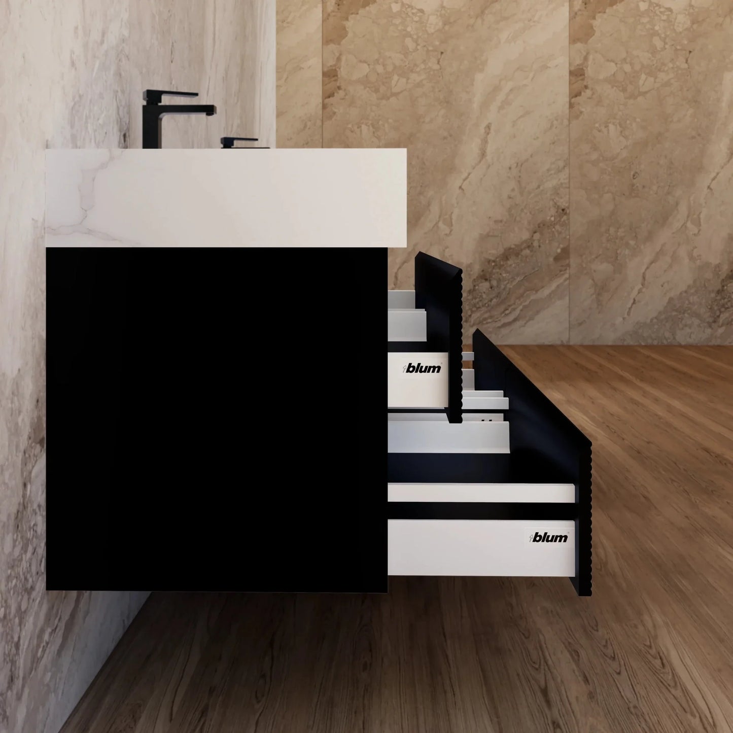 60" Black Fluted Floating Vanity with Seamless Stone Double Sink