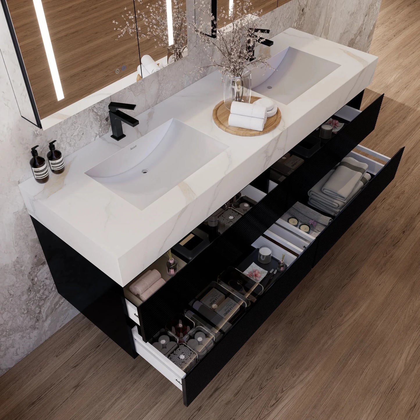 60" Black Fluted Floating Vanity with Seamless Stone Double Sink
