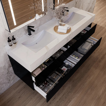 60" Black Fluted Floating Vanity with Seamless Stone Double Sink