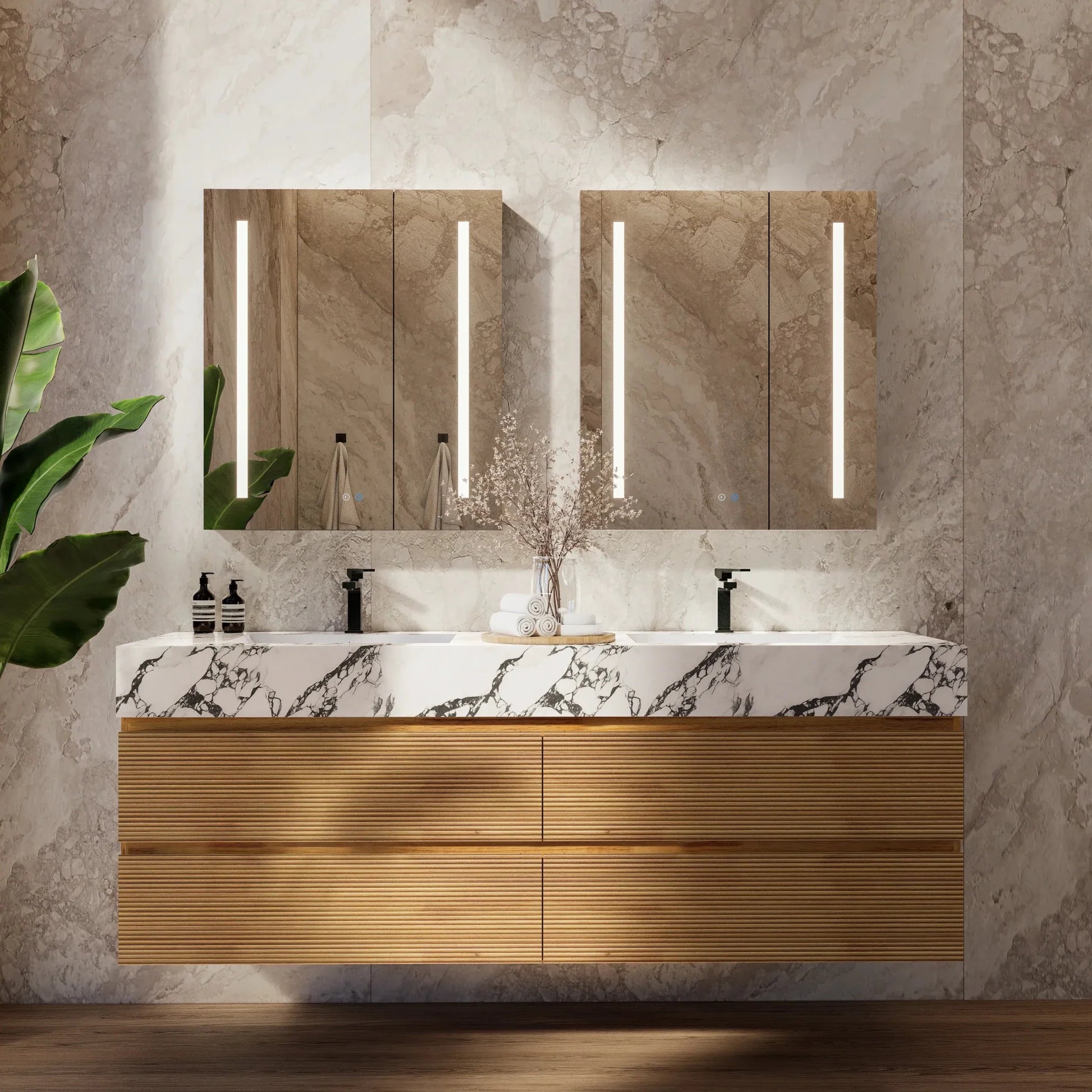 60" Oak Fluted Floating Vanity with Seamless Stone Double Sink