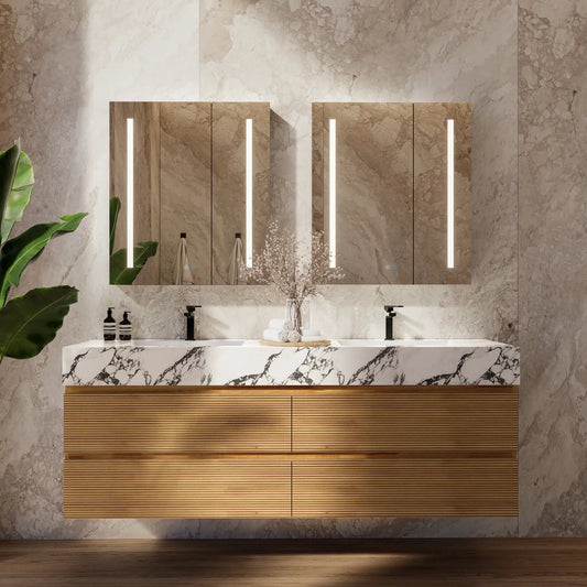 60" Oak Fluted Floating Vanity with Seamless Stone Double Sink