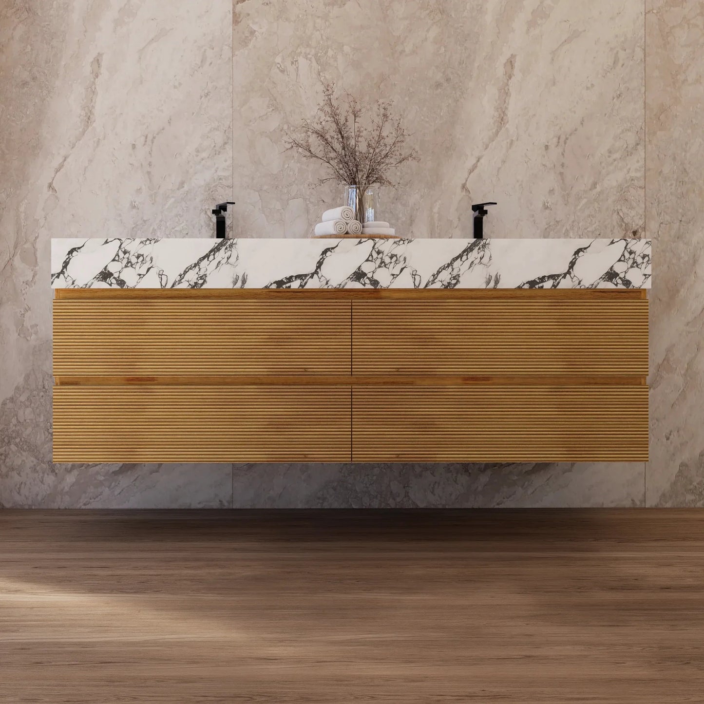 60" Oak Fluted Floating Vanity with Seamless Stone Double Sink