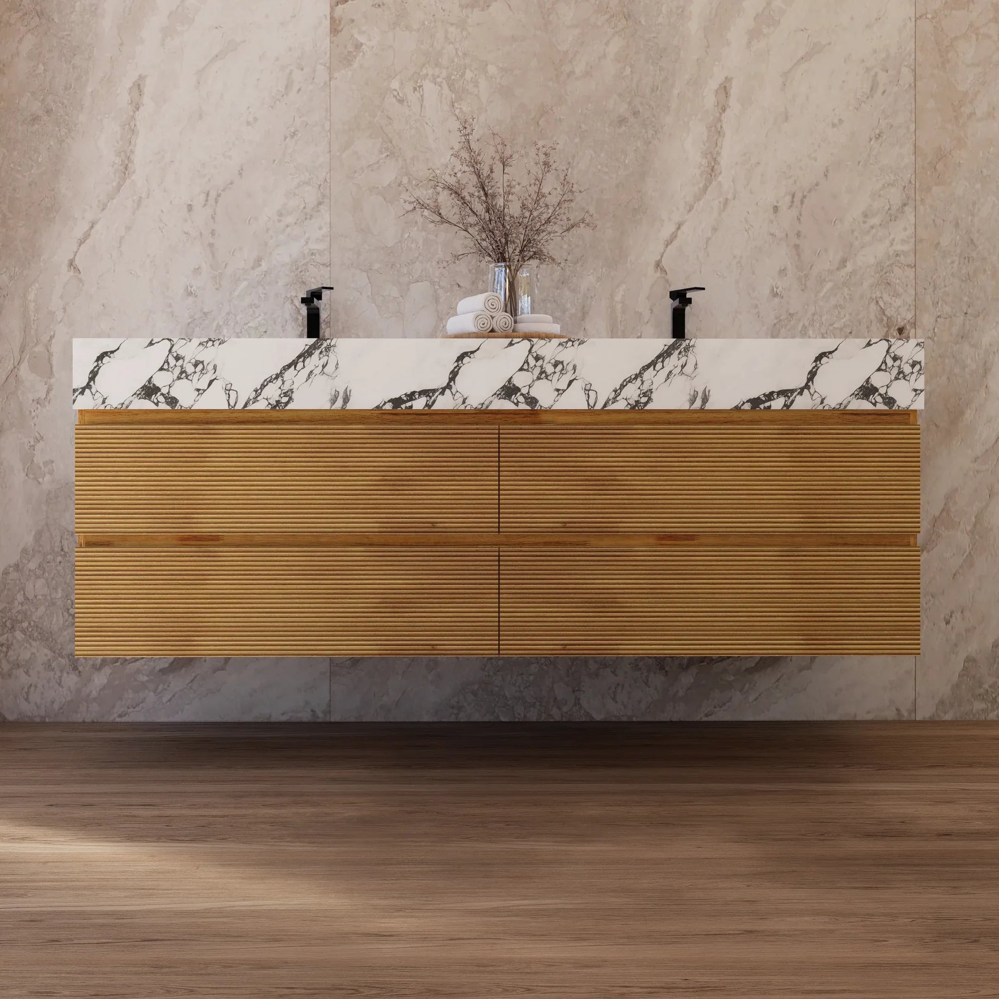 60" Oak Fluted Floating Vanity with Seamless Stone Double Sink