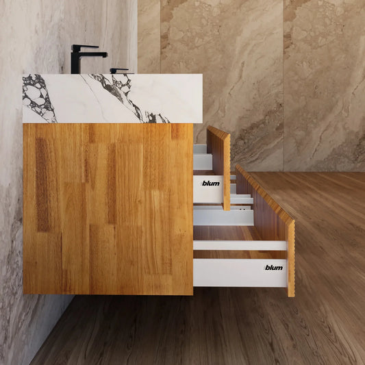 60" Oak Fluted Floating Vanity with Seamless Stone Double Sink