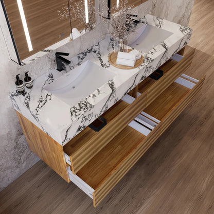 60" Oak Fluted Floating Vanity with Seamless Stone Double Sink