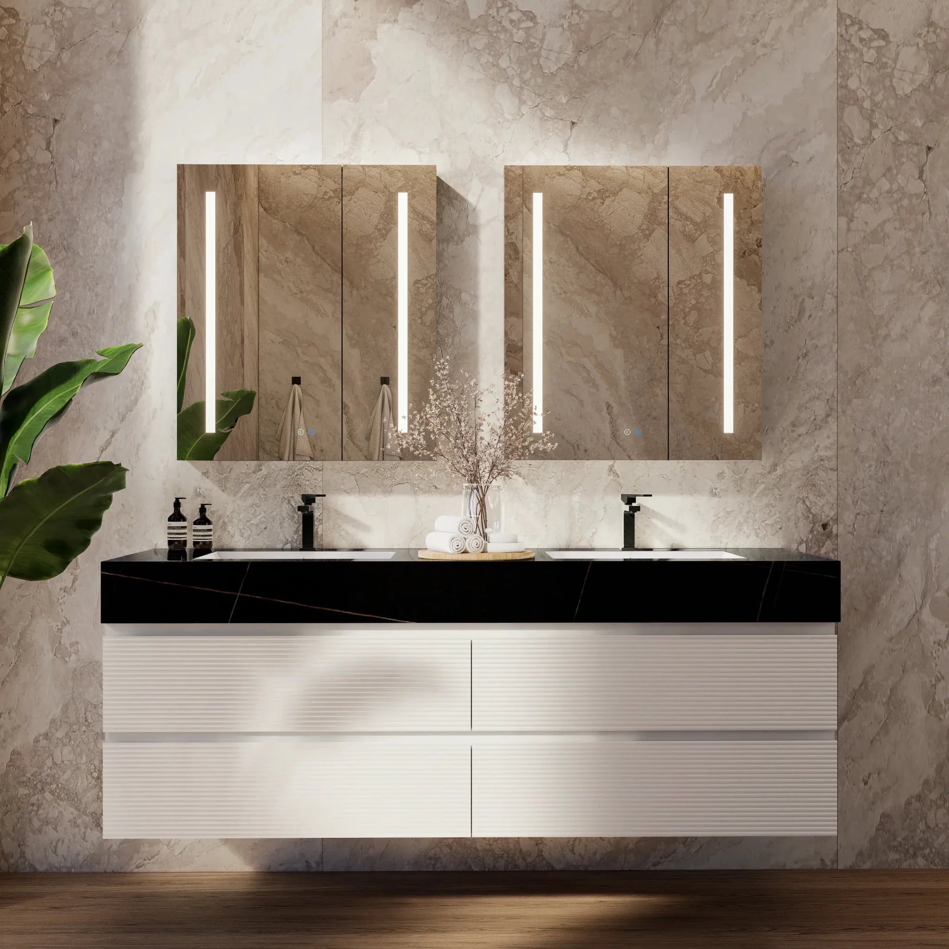 60" White Fluted Floating Vanity with Seamless Stone Double Sink