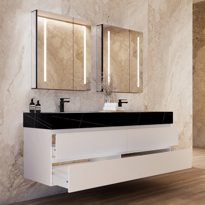 60" White Fluted Floating Vanity with Seamless Stone Double Sink
